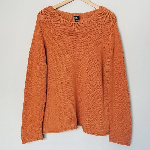 Eileen Fisher 100% Cotton Knit Round Neck Pullover Sweater Size L Coastal Orange - Picture 1 of 13